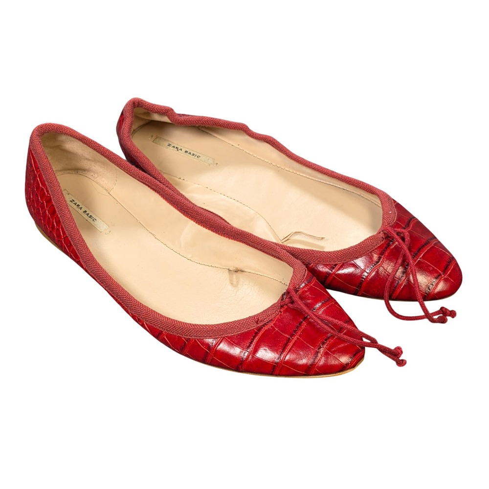 Zara Basic Ballet Flats Women's Sz EU40/US9.5 Red Bow Detail Crocodile Embossed